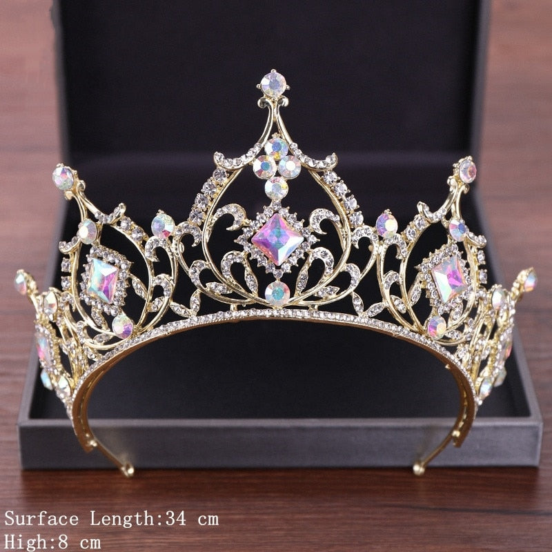 Aveuri Vintage Baroque Queen Tiara Diadem Gold Wedding Crystal Rhinestone Crown Tiaras Bridal Hair Jewelry Wedding Hair Accessories