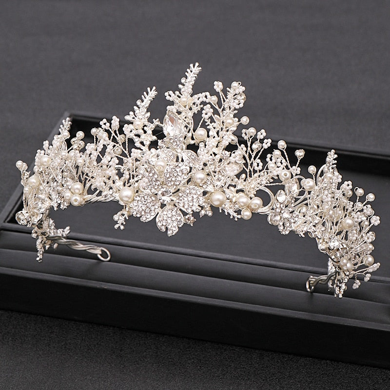 Christmas Gift Silver Color Crystal Flower Crown For Bride Luxury Barque Crown Wedding Hair Accessories Bride Tiara Wedding Headband Headdress