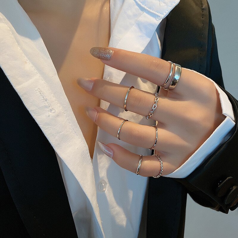 Christmas Gift 2/4/6/7pcs/set Simple Fashion Personality Punk Style Inlaid Zircon Square Ring Chain Heart-shaped Combination Set Ring Female