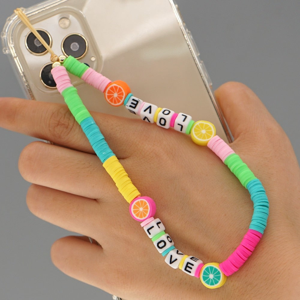 Shinus Heishi Disc Beads Crystal Chain For Phone Mobile Phone Lanyard Smile Cell Phone Chains 2021 LOVE Letter String Wristband