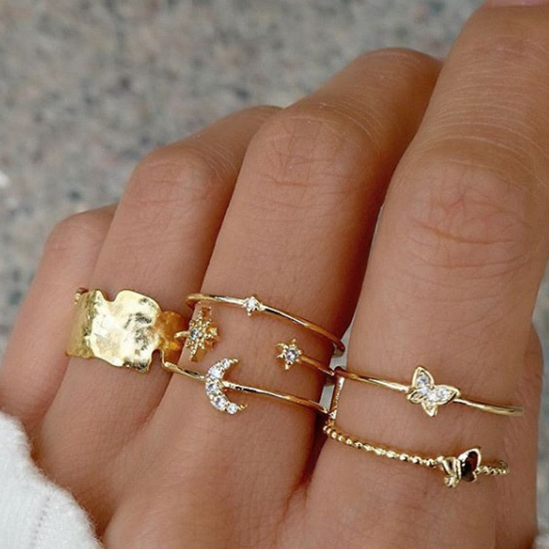 LATS Bohemian Gold Chain Rings Set For Women Fashion Boho Coin Snake Moon Star Rings Party 2023 Female Trend Jewelry Gifts