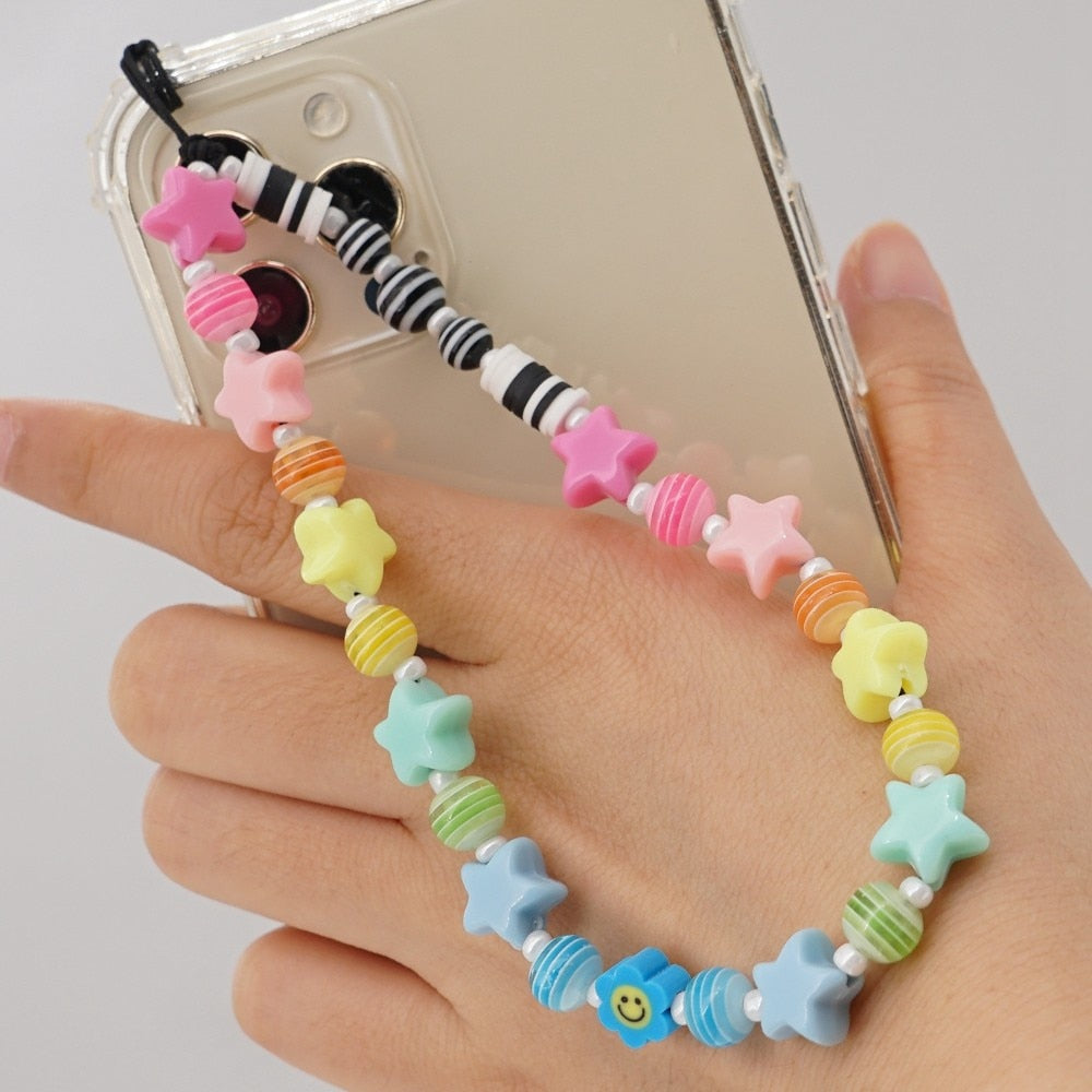 Shinus Heishi Disc Beads Crystal Chain For Phone Mobile Phone Lanyard Smile Cell Phone Chains 2021 LOVE Letter String Wristband