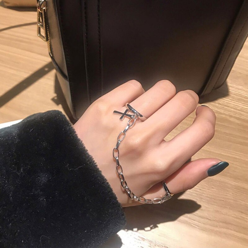 LATS Trendy Vintage Punk Hip-Hop Cross Rings for Women Men Unisex Silver Color Finger Chain Adjustable Ring Fashion Jewelry