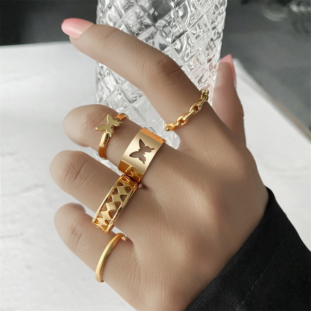 Aveuri Punk Vintage Gold Wide Chain Rings Set For Women Girls Fashion Irregular Finger Thin Rings Gift 2023  Female Jewelry Party