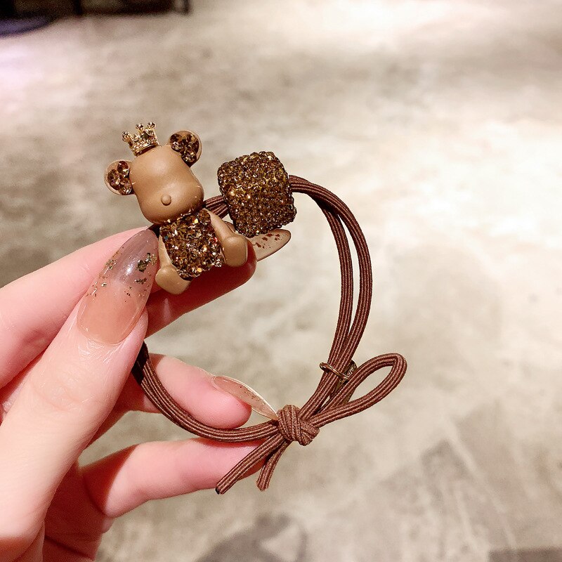 Aveuri 2023 The New Brown Coffee Color Crown Czech Diamond Bear Hair Ring Full Of Diamond Square Hair Rope Ball Head Rope