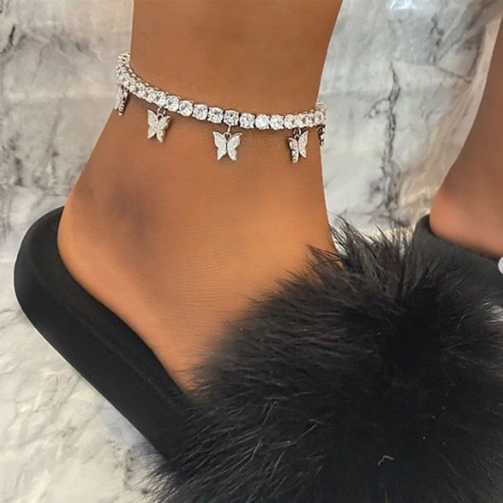 SUMENG 2023 Butterfly Anklet Rhinestone Tennis Chain Foot Chain Jewelry For Women Summer Beach Anklet Butterfly Barefoot Chain