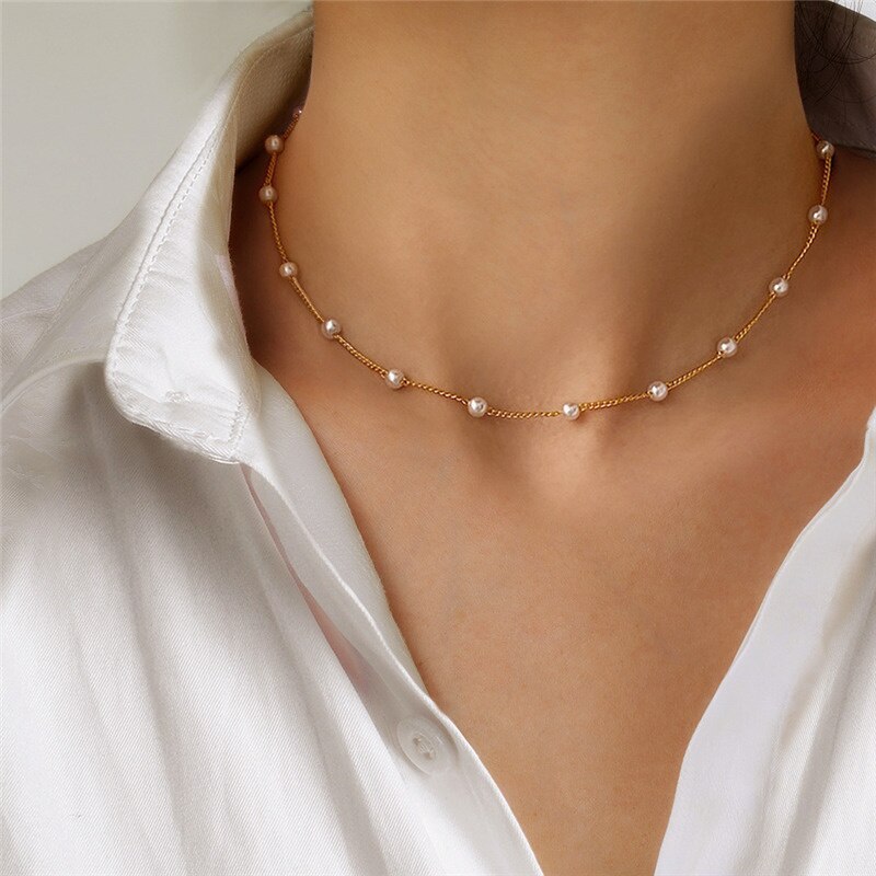 Vintage Wedding Pearl Choker Necklace For Women Geometric Gold Silver Beads Pendant Necklaces Jewelry Statement Collier 2023