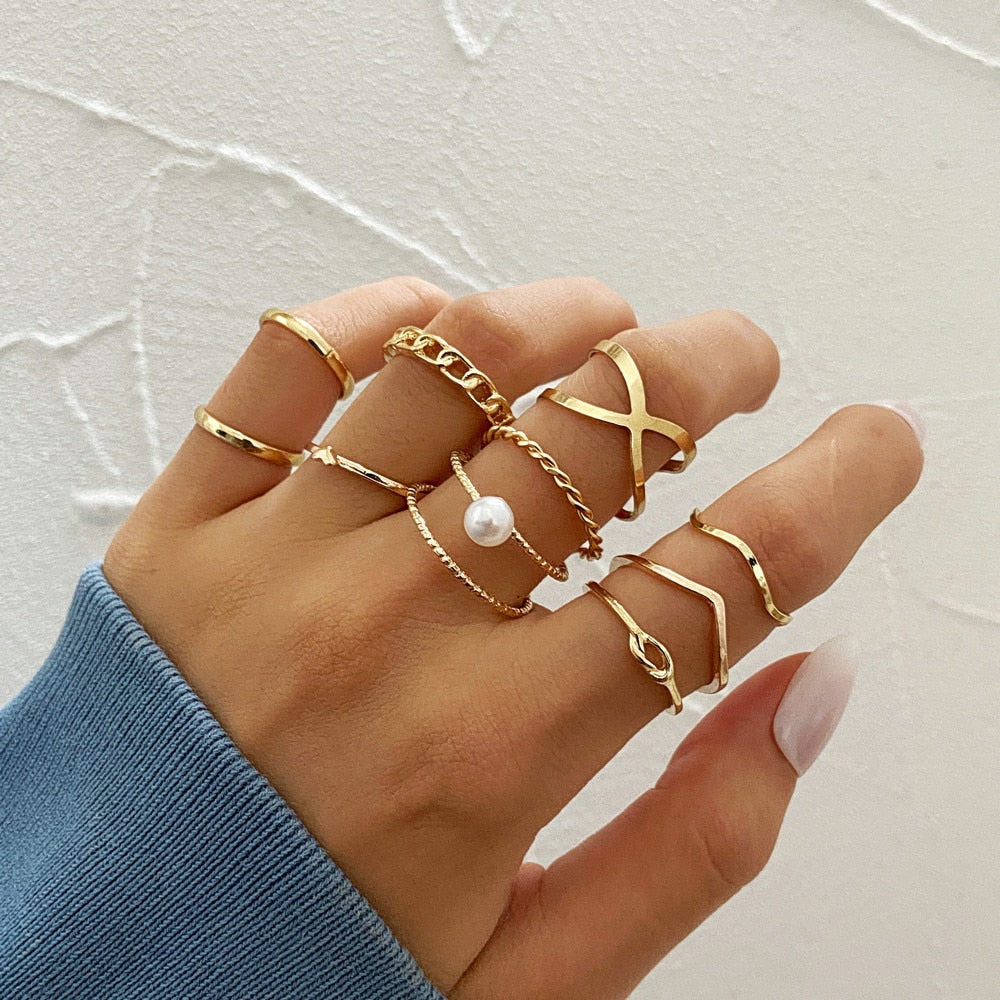 LATS Bohemian Gold Chain Rings Set For Women Fashion Boho Coin Snake Moon Star Rings Party 2023 Female Trend Jewelry Gifts