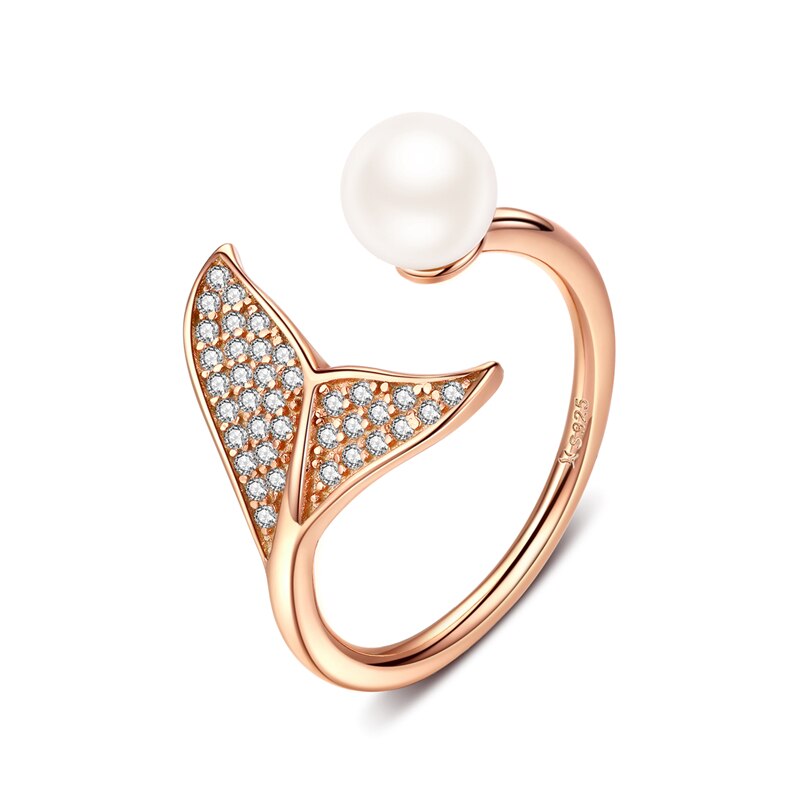 AVEURI Creative Double Pearl Finger Ring Fish Tail for Women Adjustable Size fit 5 6 7 8 9 Authentic Alloy Jewelry