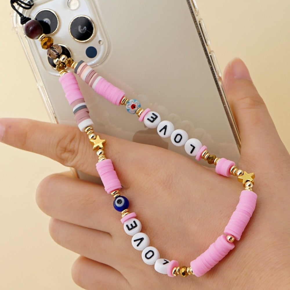 Shinus Heishi Disc Beads Crystal Chain For Phone Mobile Phone Lanyard Smile Cell Phone Chains 2021 LOVE Letter String Wristband