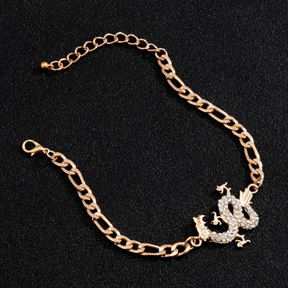 Aveuri Kpop Luxury Crystal Dragon Pendant Bracelet for Women Men Gold Silver Color Metal Cuban Link Chain Bracelet Unisex Wrist Jewerly