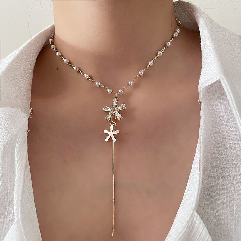 Aveuri Exquisite CZ Flower Long Tassel Necklace For Women Sweet Zirconia Pendant Clavicle Pearl Choker Wedding Fashion Jewelry Bijoux
