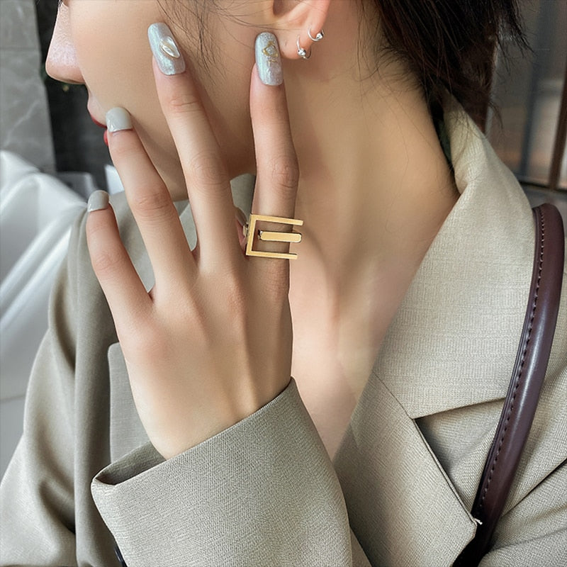Christmas Gift European and American Exaggeration Titanium Steel Gold Geometric Element Open Rings For Woman 2023 New Fashion Korean Jewelry