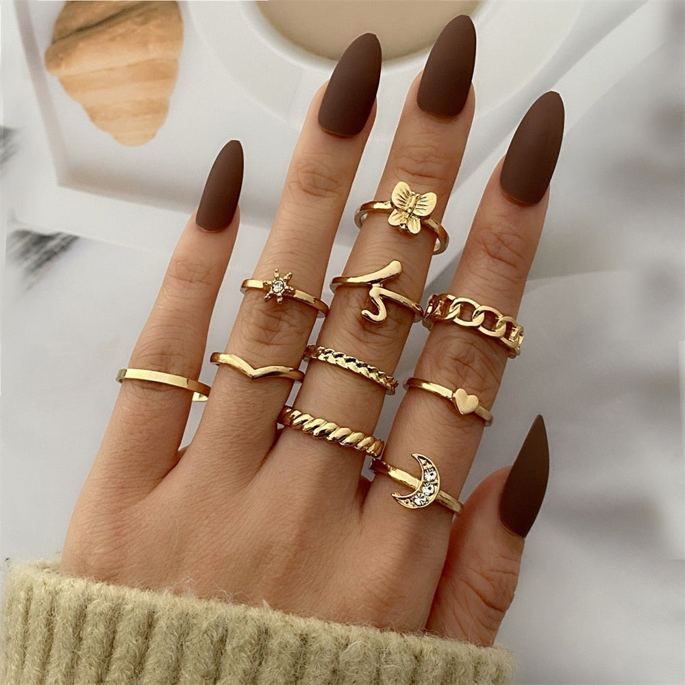 Aveuri Punk Vintage Gold Wide Chain Rings Set For Women Girls Fashion Irregular Finger Thin Rings Gift 2023  Female Jewelry Party