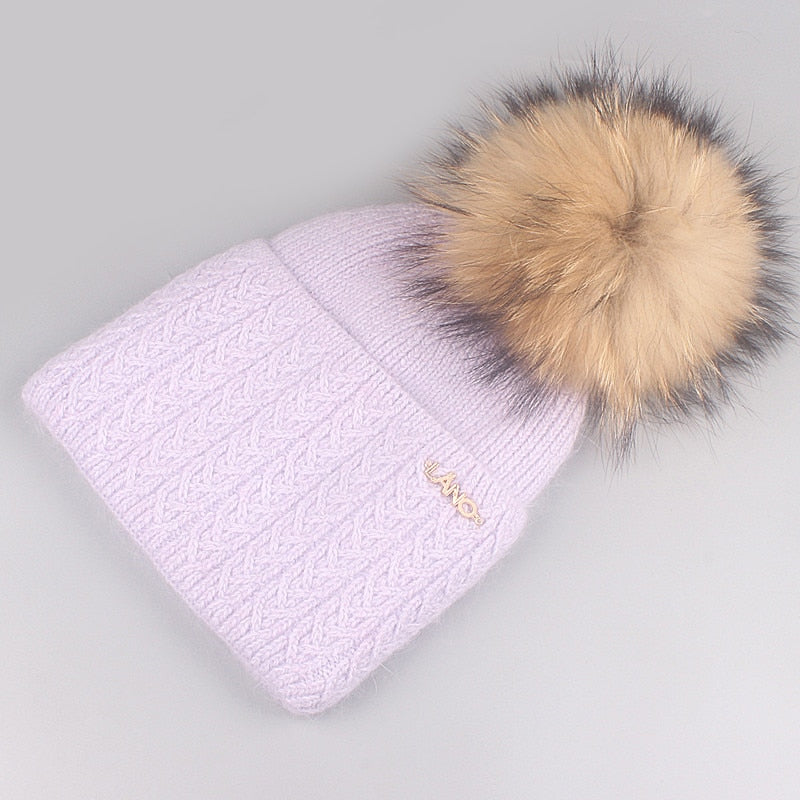 Christmas Gift Winter Knitted Hat With Lining Angola Beanies  With Real Pom Poms Skullies Hat for Women Girls Hat Feminino