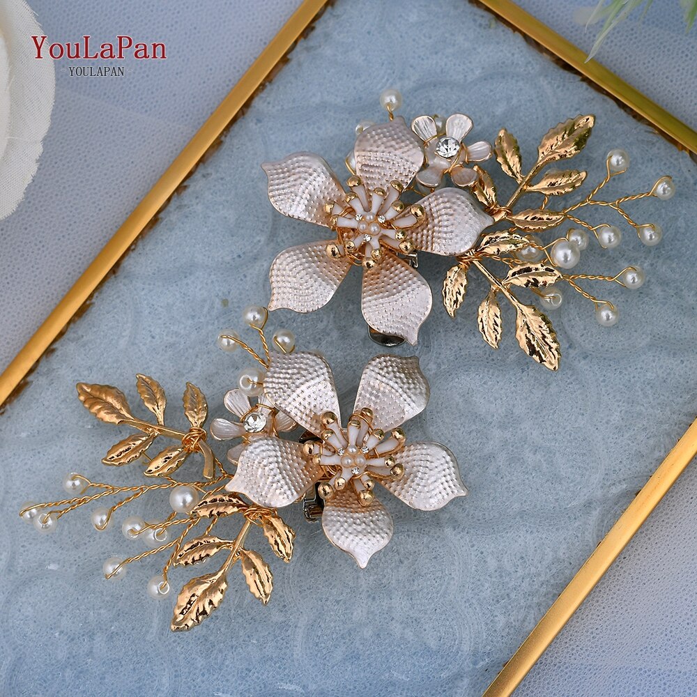 Aveuri 2Pcs/Lot White Wedding Shoes Clips For Bride Wedding Flower Girl Golden Shoes Buckle  Flower Bridal High Heels Clips