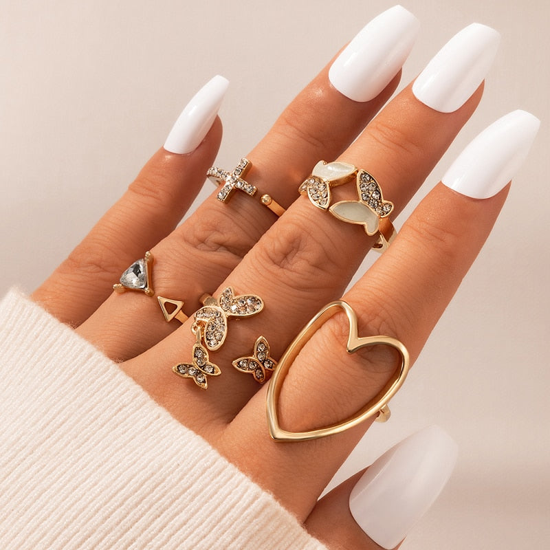 Aveuri  5pcs/set Pretty Butterfly Big Heart Joint Ring Sets for Women Shiny Crystal Stone Cross Geometry Party Jewelry 17827