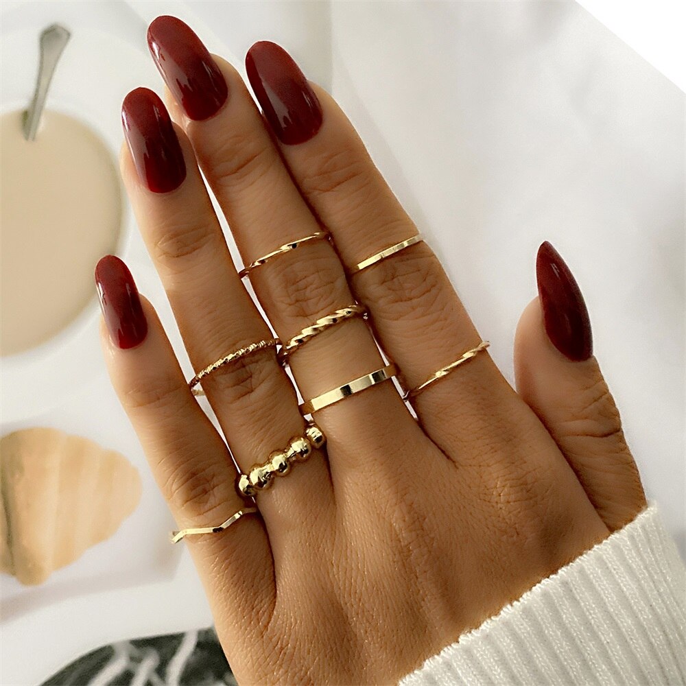 Aveuri Punk Gold Wide Chain Rings Set For Women Girls Fashion Irregular Finger Thin Rings Gift 2023 Female Jewelry Party