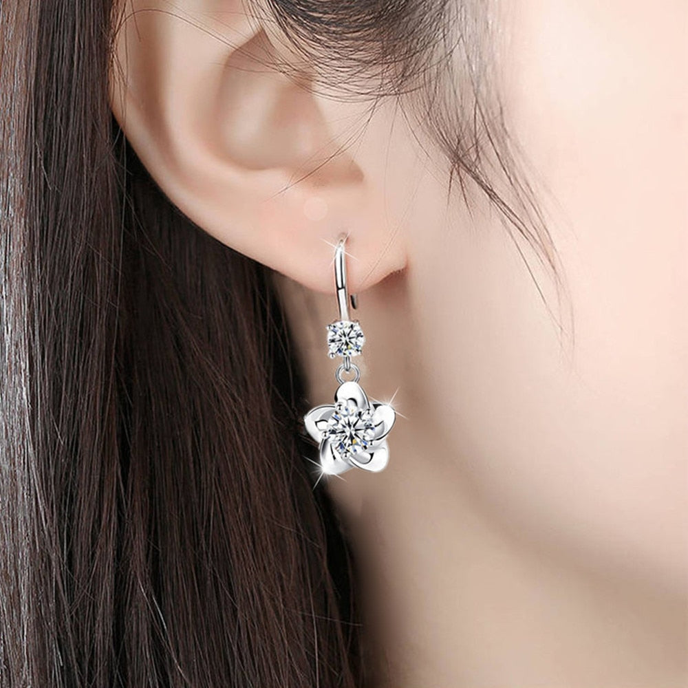 Christmas Gift alloy new women's fashion jewelry pink blue white zircon long tassel flower hook type earrings