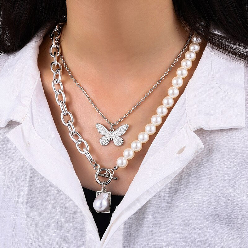 Fashion Geometric Chain Pendant Necklace for Women Girls Vintage Pearl Choker Necklaces Jewelry Statement Accessories Collier