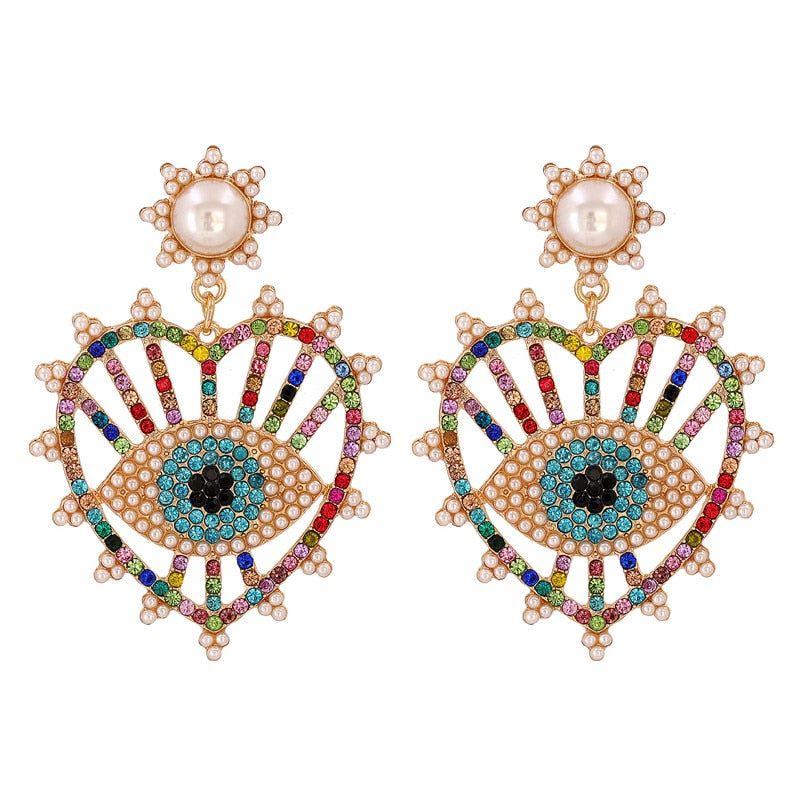 AVEURI Trendy Ethnic Love Heart Shape Evil Eye Drop Earrings For Women Vintage Statement Crystal Dangle Earring Jewelry Gift