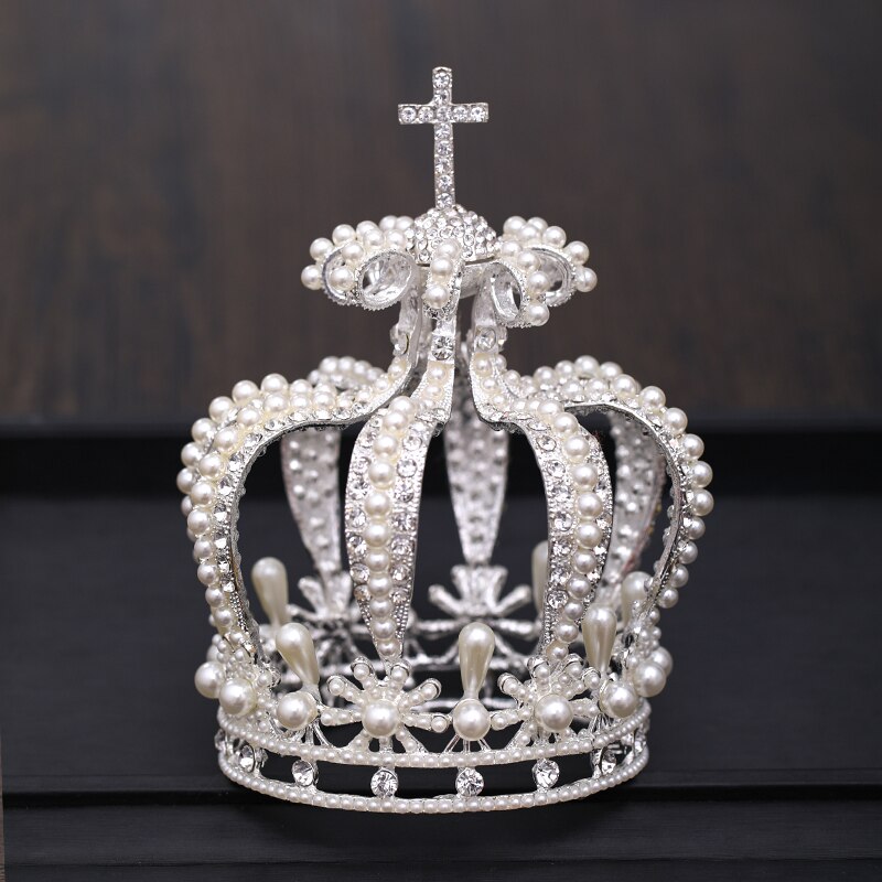 Aveuri Back to school Bridal Crown Headdress Baroque Crystal Pearl Crown Gold Round Crown Queen Tiara Crown Jewelry Party Wedding Hair Accessories