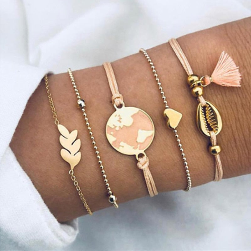 Aveuri Tocona Bohemian Beads Chain Bracelets Bangles for Women Fashion Vintage Heart Compass Gold Color Chain Bracelets Sets Jewelry