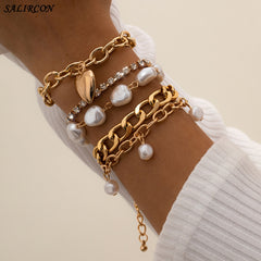 Aveuri Vintage Multilayer Chains Bracelets Kpop Charm Crystal Heart Imitation Pearl Pendants Bracelet on Hand Couple Jewelry