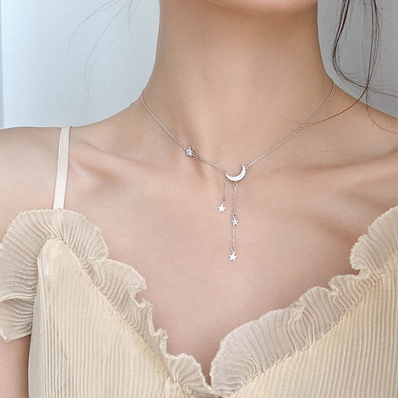 Christmas Gift Trendy Shiny Zircon Moon Star Necklaces Star Pendant For Girl Choker Collares Wedding Gift Fine Jewelry