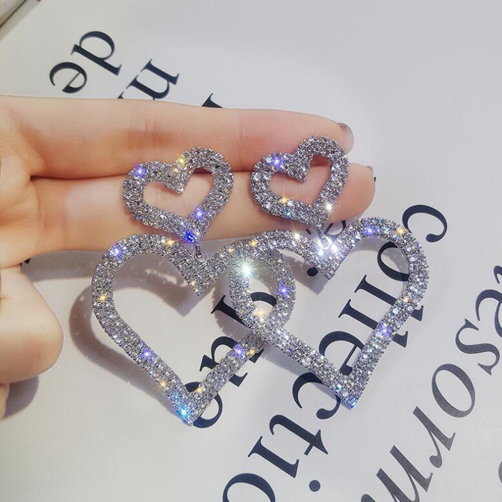 Christmas Gift 2023 New Fashion Women Exaggerated Crystal Double Heart Earrings Contracted Joker Long Drop Earrings Jewelry Accessories