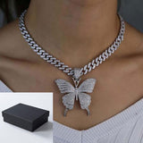 Pink Clear Crystal Butterfly Pendant Charm Miami Curb Cuban Chain Hip Hop Necklace Rapper Gift Rock for Men Women Jewelry