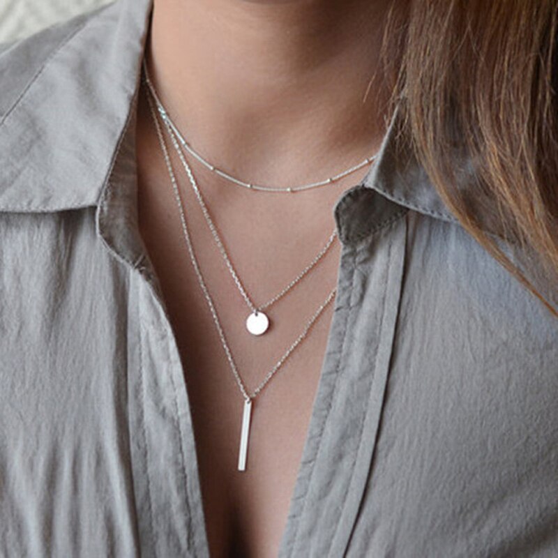 Hot Fashion Women's Jewelry Collar 1pc European Simple Gold Silver Plated Multi Layers Bar Coin Necklace Clavicle Chains Gifts