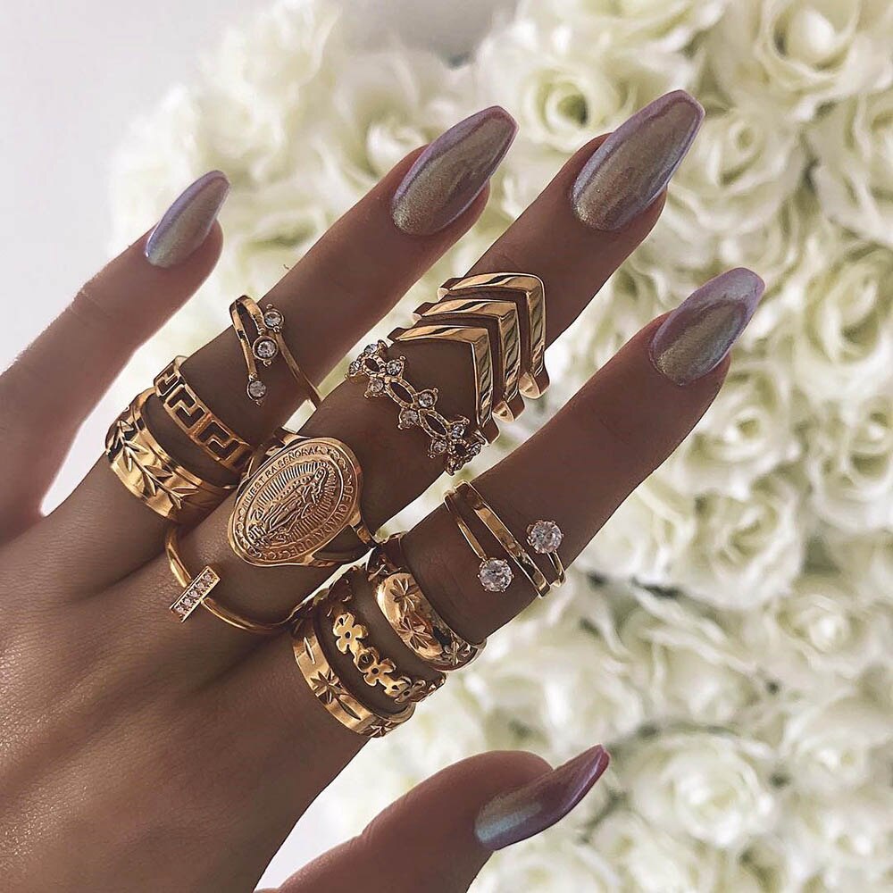 Aveuri 2024 12pcs/Set Fashion Elephant Knuckle Rings Set For Women Crystal Stone Feather finger Ring Female Boho Party Jewelry Gift