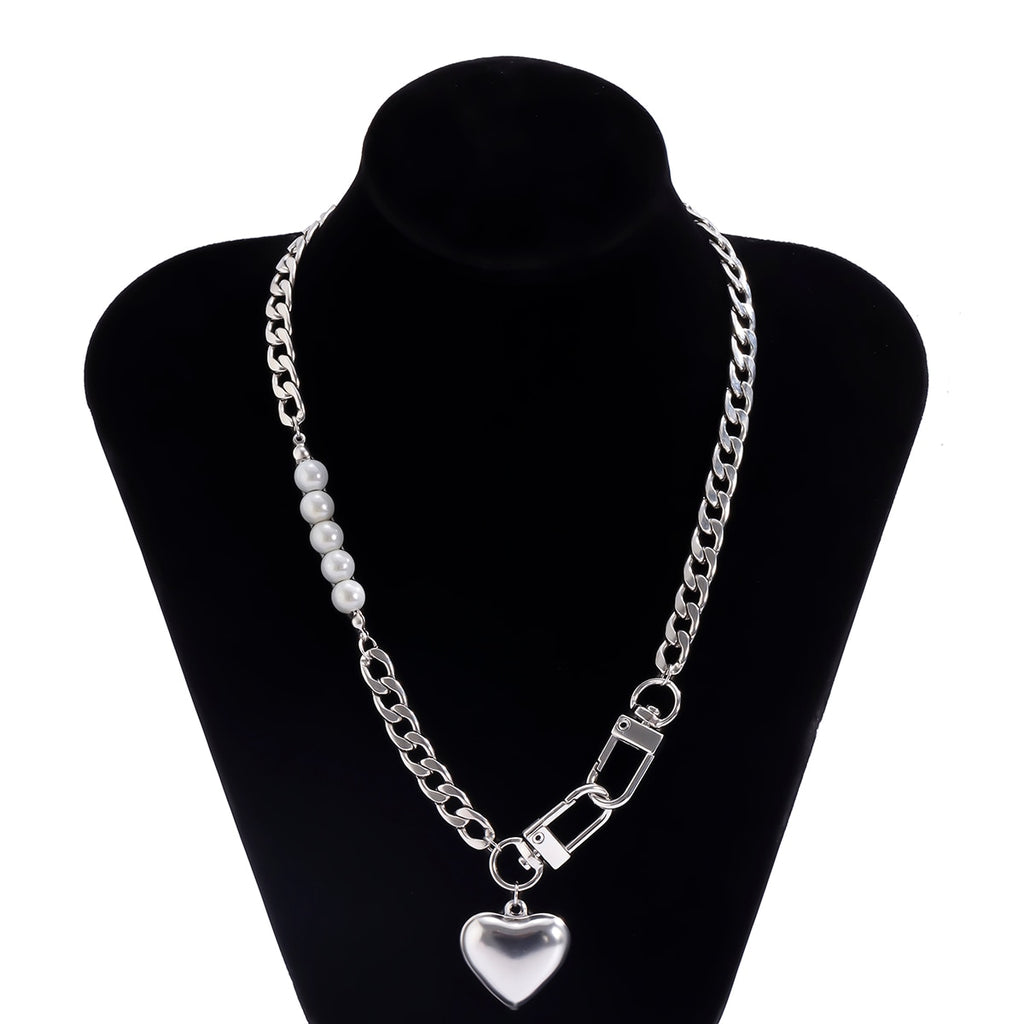 Aveuri Punk Stainless Steel Heart Pendant Necklace for Women Kpop Steel Ball Lock Key Chain Necklace Gothic Jewelry Gift 2023