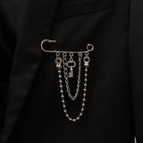 Korean Style Metal Key Brooch For Women Men Suit Decoration Tassel 2 Layers Chain Metal Beads Pin Cloth Jewelry Accessories 2020