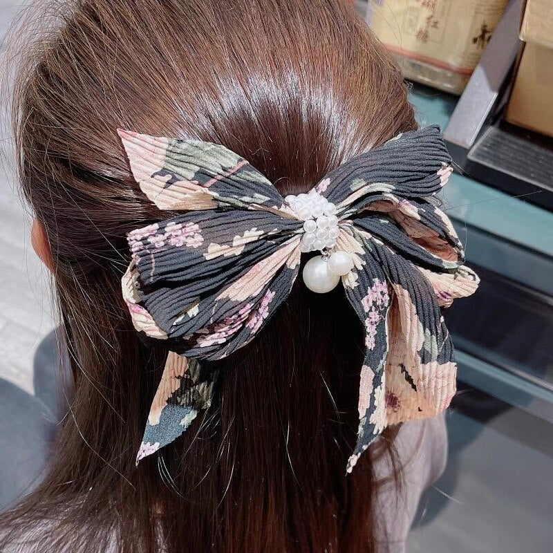 Aveuri 2022 Handmade Big Bow Folds Pearl Steel Clip Spring Clip Sweet Small Floral Top Clip Super Fairy Hair Clip Headdress Female