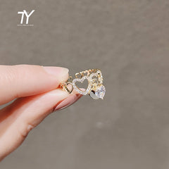 Christmas Gift Design Sweet Zircon Heart Pendant Gold Opening Rings Korean Fashion Jewelry Wedding Girl's Luxury Set Accessories For Woman 2024