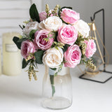 Aveuri Luxury Pink Rose Autumn Artificial Silk Flowers Wedding Home Decoration High Quality White Peony Simple Bouquet Fake Flower Wall