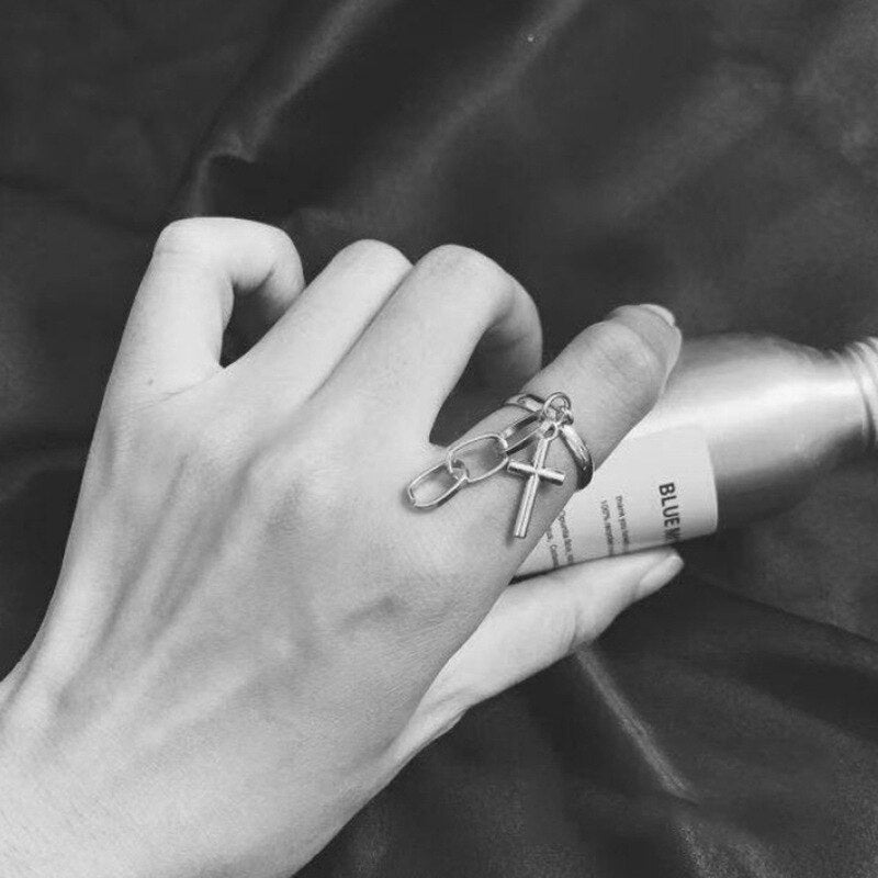 LATS Trendy Vintage Punk Hip-Hop Cross Rings for Women Men Unisex Silver Color Finger Chain Adjustable Ring Fashion Jewelry