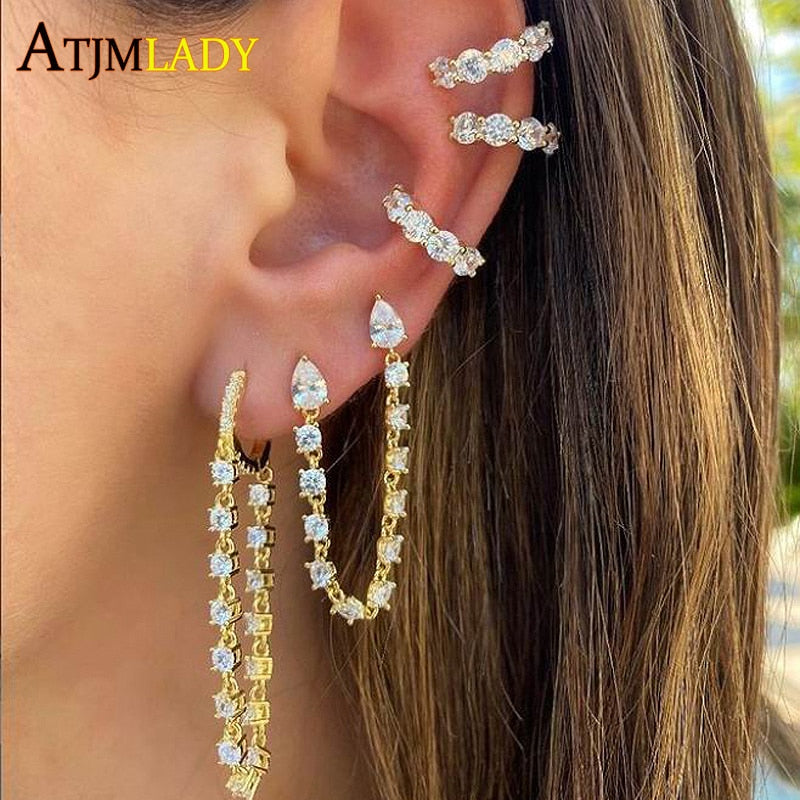 AVEURI 1PC Hot Selling Double 2 Piercing Stud Iced Out Tear Dop 5A CZ Links With Tassel Chain Romantic Fashion Girl Women Earring