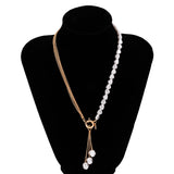 Aveuri Baroque Simulated Pearls Long Tassel Pendant Necklace For Women Beaded Link Chain Necklace 2023 Trend Lariat Wedding Jewelry