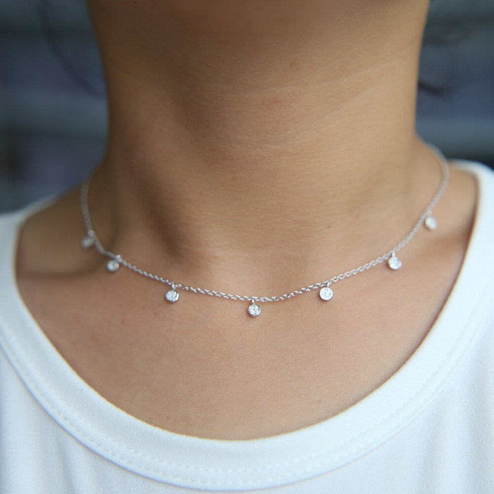 AVEURI Alloy Clear CZ Station Multi Charm Choker Fashion Delicate Dainty Disco Dots Drip Drop Pendant Necklace For Women