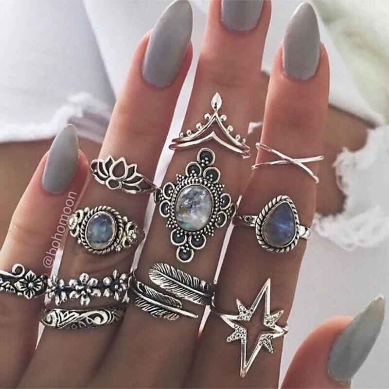 Aveuri Bohemia Elephant Crown Flower Rings Set Silver Color Finger Rings for Women Party Knuckle Jewelry Anillos