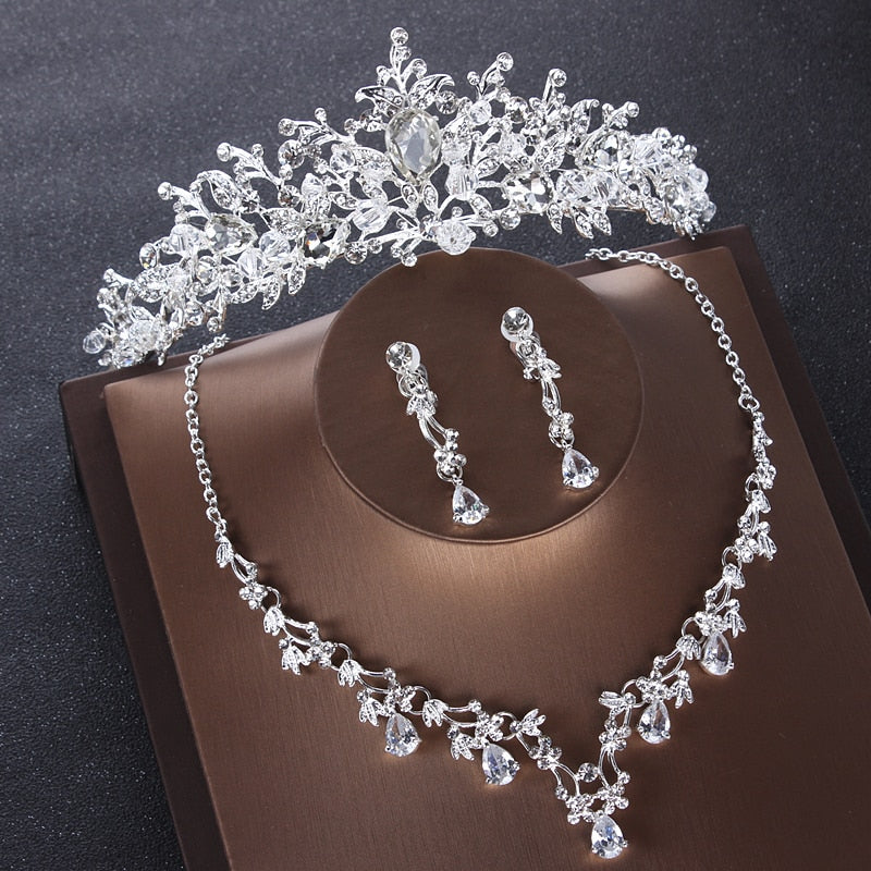 Luxury Heart Crystal Bridal Jewelry Sets Wedding Cubic Zircon Crown Tiaras Earring Choker Necklace Set African Beads Jewelry Set