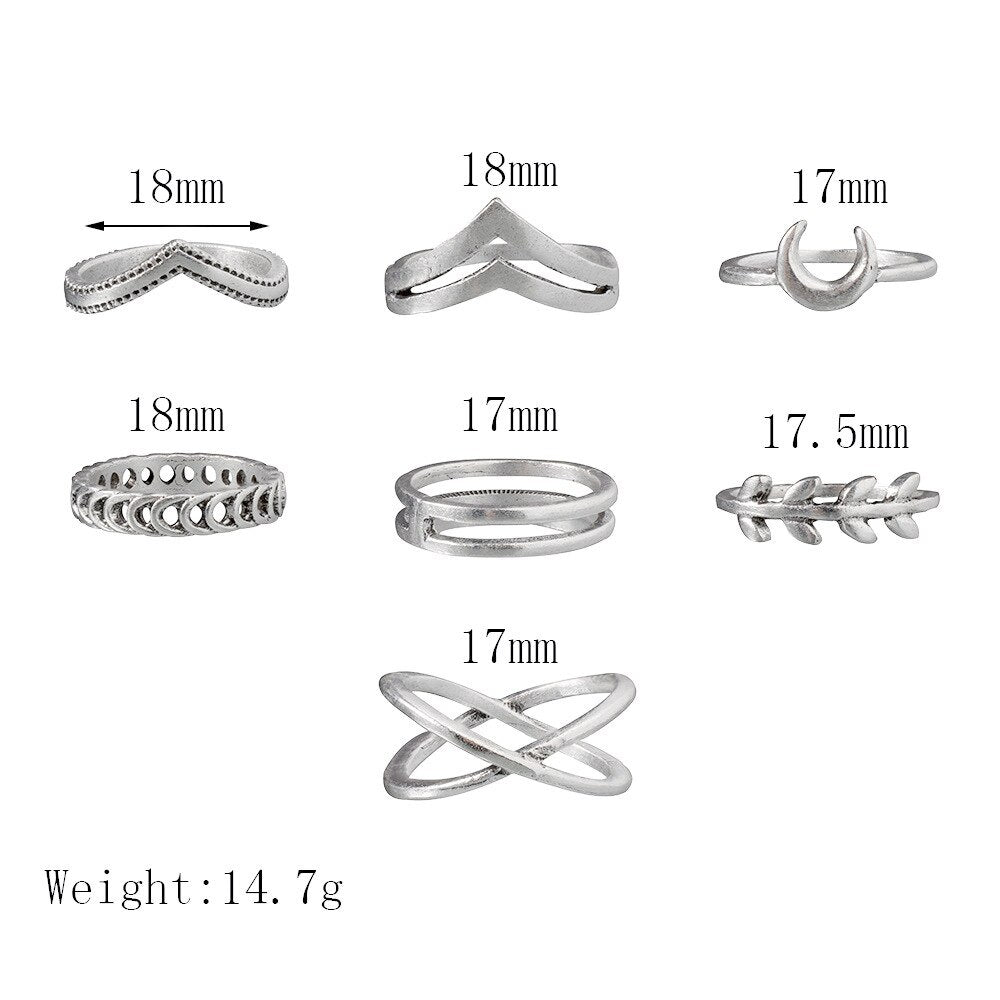 Aveuri Leaf Moon Crescent Rings for Women Antique Sliver Color Punk Knuckle Midi Ring Set Vintage  Jewelry Accessories Wholesale