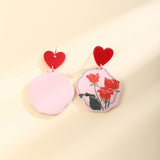 Aveuri  Women Red Heart Earrings Rose Flower Geometric Stud Earrings Acrylic Long Dangle Drop Earrings Jewelry Gift Girlfriend