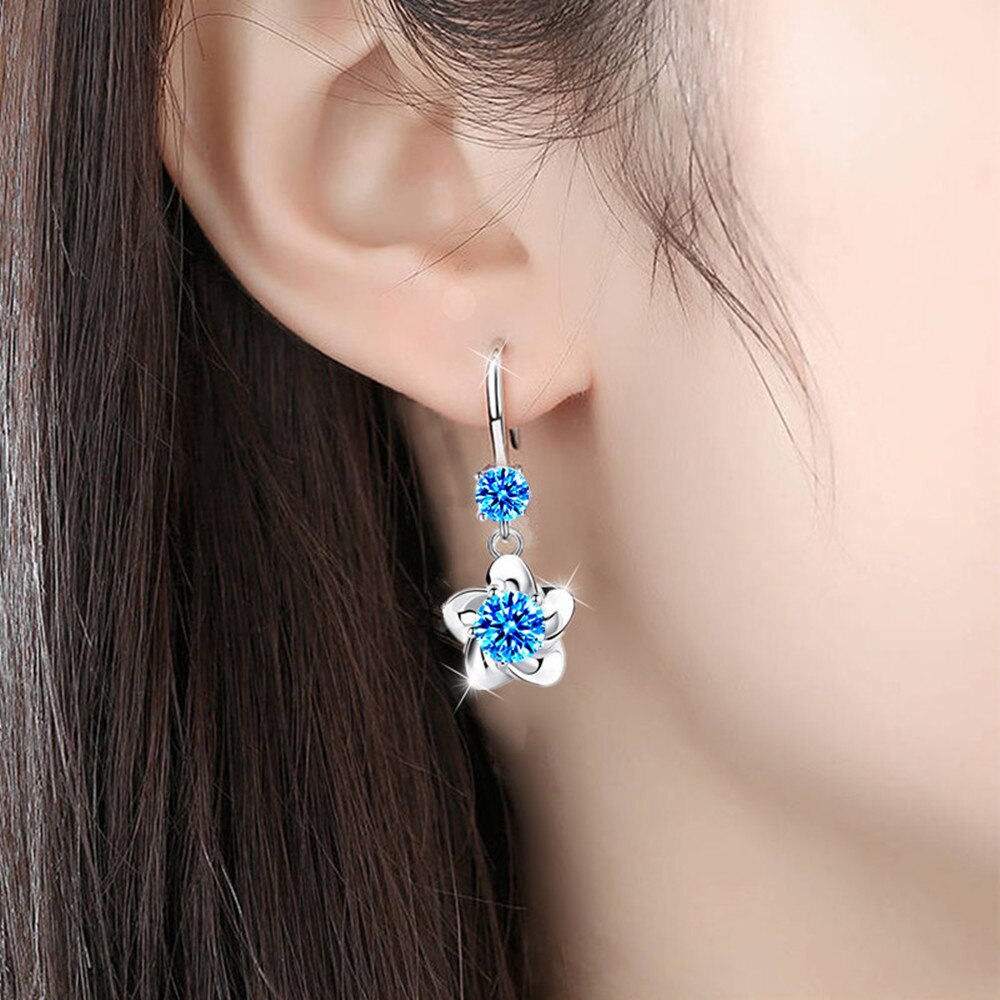 Christmas Gift alloy new women's fashion jewelry pink blue white zircon long tassel flower hook type earrings