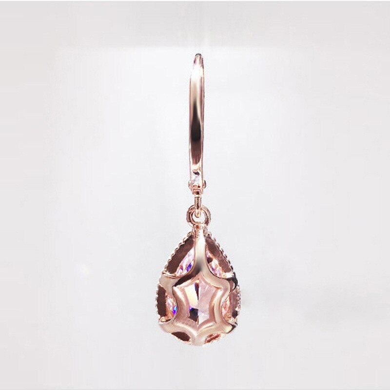 Aveuri Christmas Gift Drop Earrings For Women Pink Cubic Zirconia Water Drop Rose Gold Color Dangle Earring Bridal Wedding Temperament Jewelry CCE624