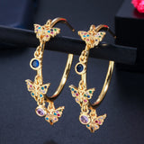 Christmas Gift Circle Round Shape Gold Color Dangling Drop CZ Charms Cute Butterfly Hoop Earrings for Women Fashion Jewelry CZ825