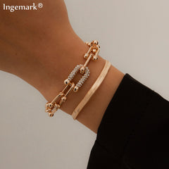 Aveuri Fashion Statement Heavy Metal Bangle Bracelet Trendy Gold Color Copper Chain U Link Crystal Bracelet Pulseras Women Bijoux Gift